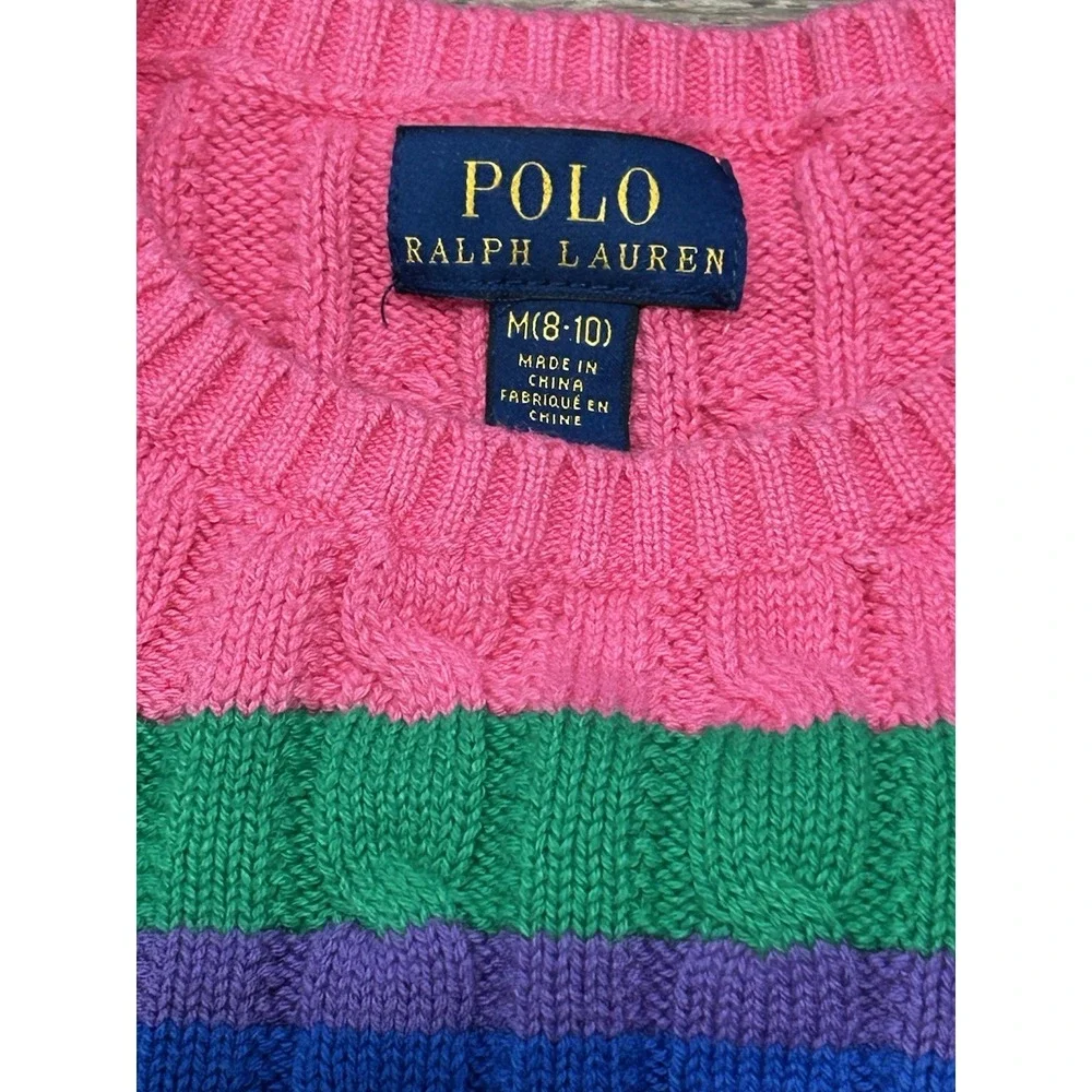 Polo Ralph Lauren Girls Striped Cable Knit Sweater Rainbow Cotton M 8-10